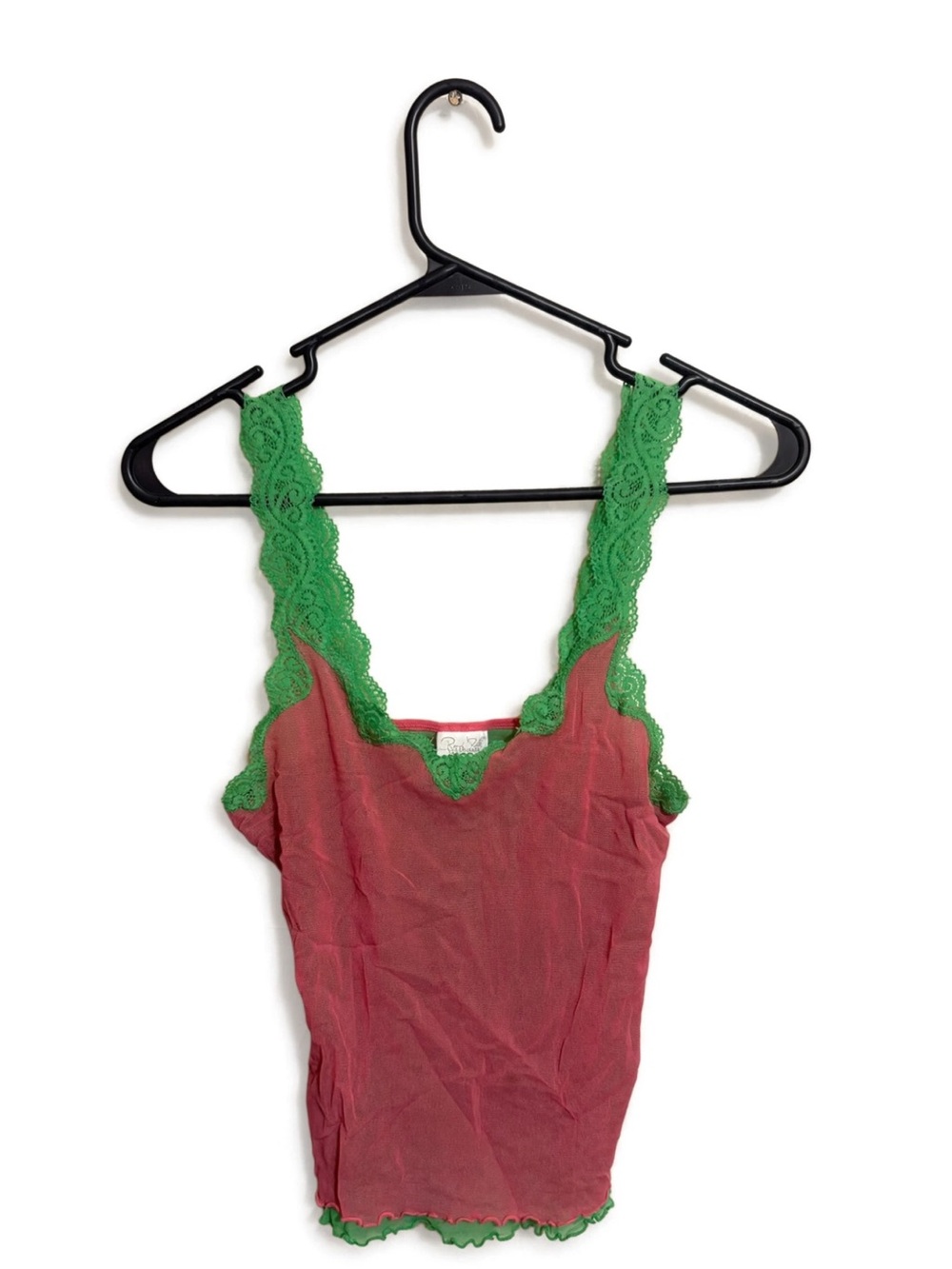 Rene Rofe Vintage Pink Tank Top with Green Lace Trim- Size L